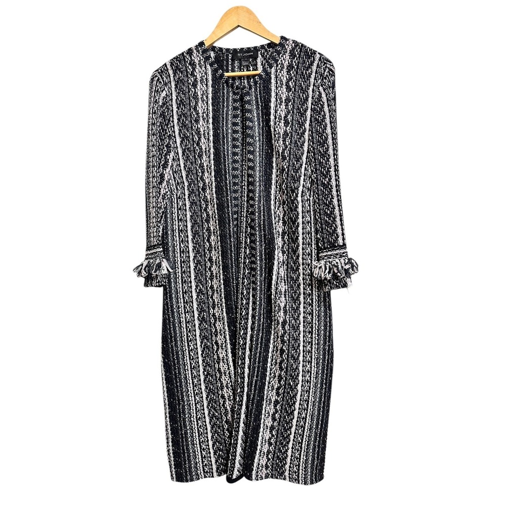 St. John ombre vertical stripe tweed Knit Long Cardigan Jacket Women's 10 Fringe